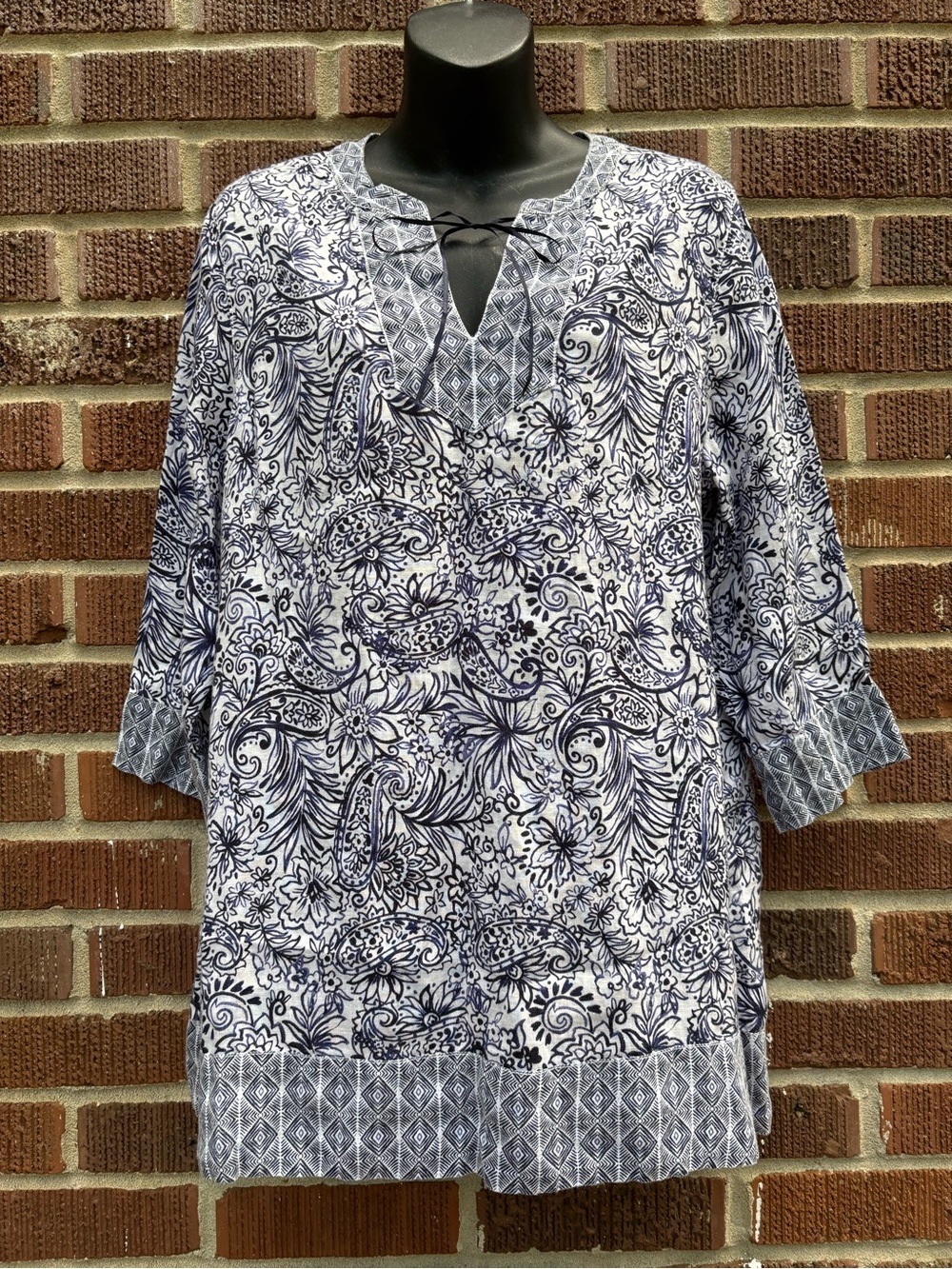 Sigrid Olsen Womens Sz M Blue White Paisley Floral Linen Tunic Boho 3/4 sleeve